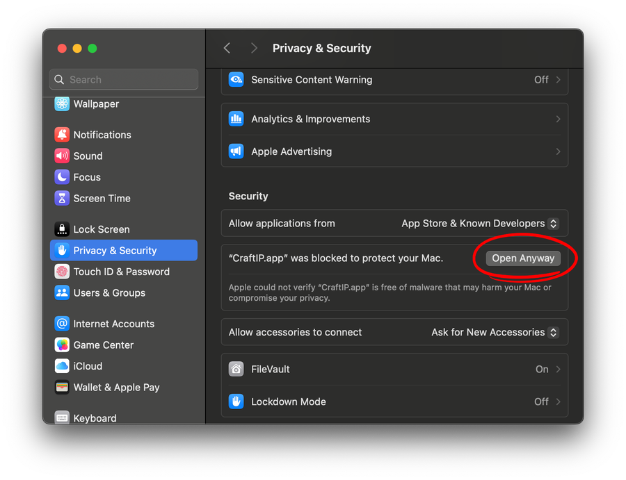 Mac Settings, Privacy & Security, Open Anyways